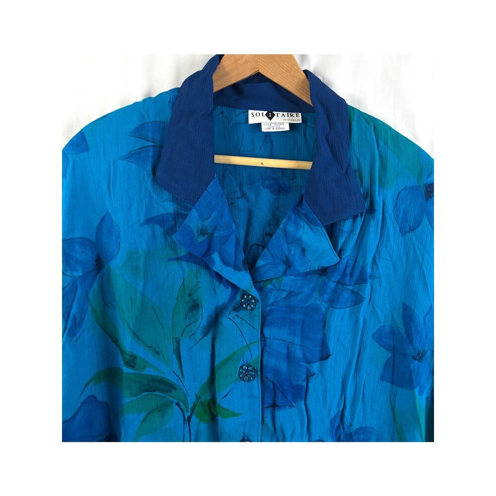 VTG Solitaire‎ Womens Blue Green Floral Button Down Shirt Rayon Short Sleeve 22W - Picture 3 of 8